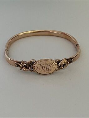 Vintage Gold tone Hinged Bangle Bracelet Engraved Monogram Floral Etched Antique